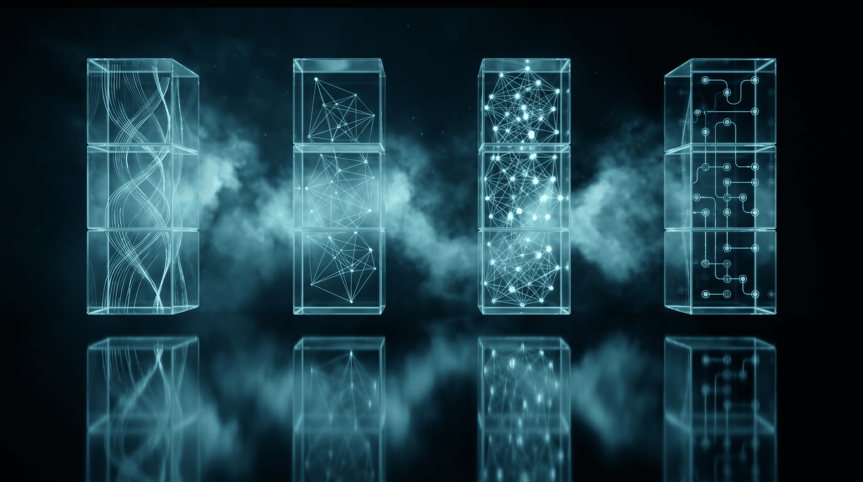 Four cinematic glass cube columns representing custom platforms, modular design, API integration, and security